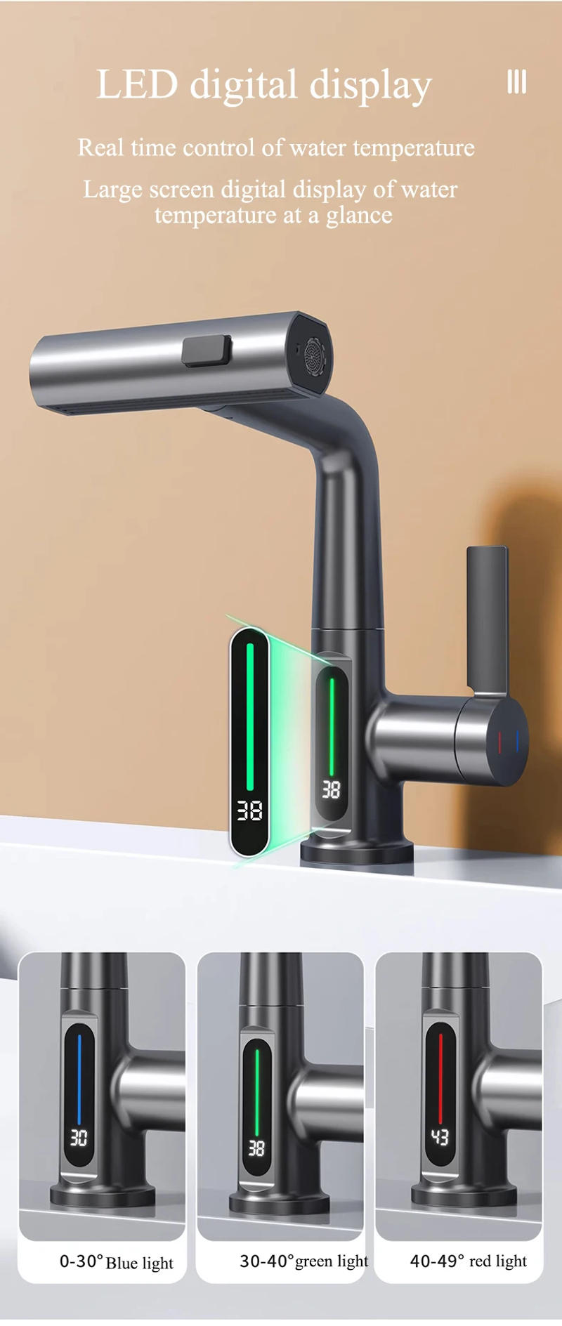 Description Picture 5 of itemTemperature Digital Display Basin Faucet Lift Up Down Waterfall outflow Hot Cold Water Mixer Tap Pull out Bathroom Faucets Crane