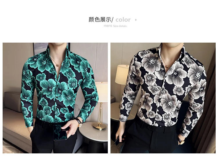 Description Picture 4 of itemLuxury Long Sleeved Flower Printed Shirt for Men Korean V-Neck Slim Fit Men's Tuxedo Shirts Plus Size Prom Floral Men Clothing