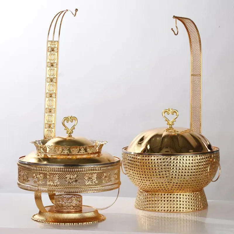 Description Picture 2 of itemNew 8L Stainless Steel Gold Hot Pot Large Capacity Chafing Dish With Hanger Lid For Buffet Party Wedding