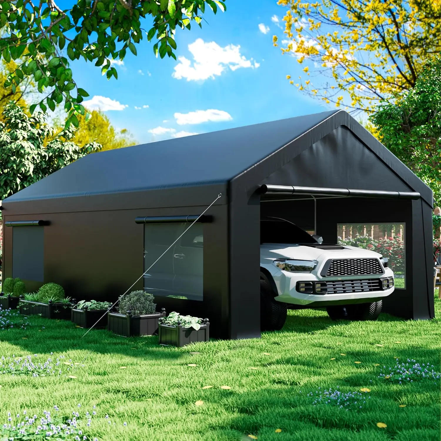 Description Picture 6 of itemCarport, 12' X 20' Heavy Duty Portable Garage, Carport Canopy with Side-Opening Door & Roll-Up Windows, Car Canopy Outdoor Black