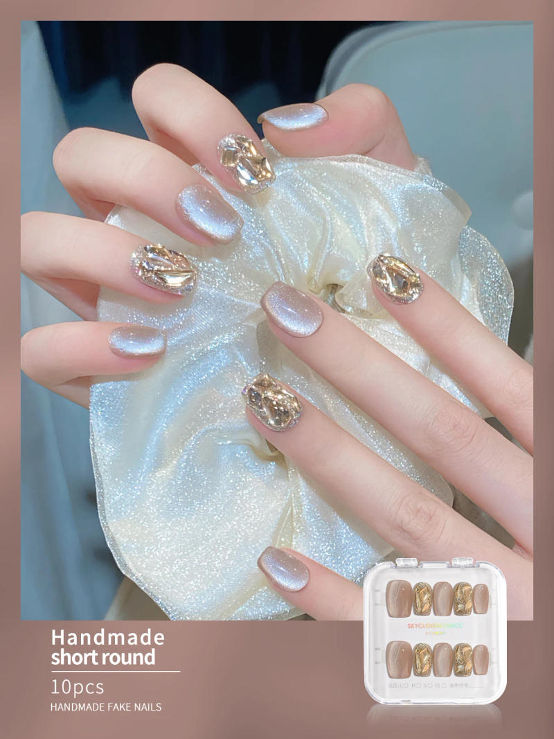 Description Picture 2 of itemSKY CLOUD 10Pcs French Milk Tea Cat Eye Colored Water Rhinestone False Nails Wear Nail Art Vitality Girl Fake Nails Nail Patch 
