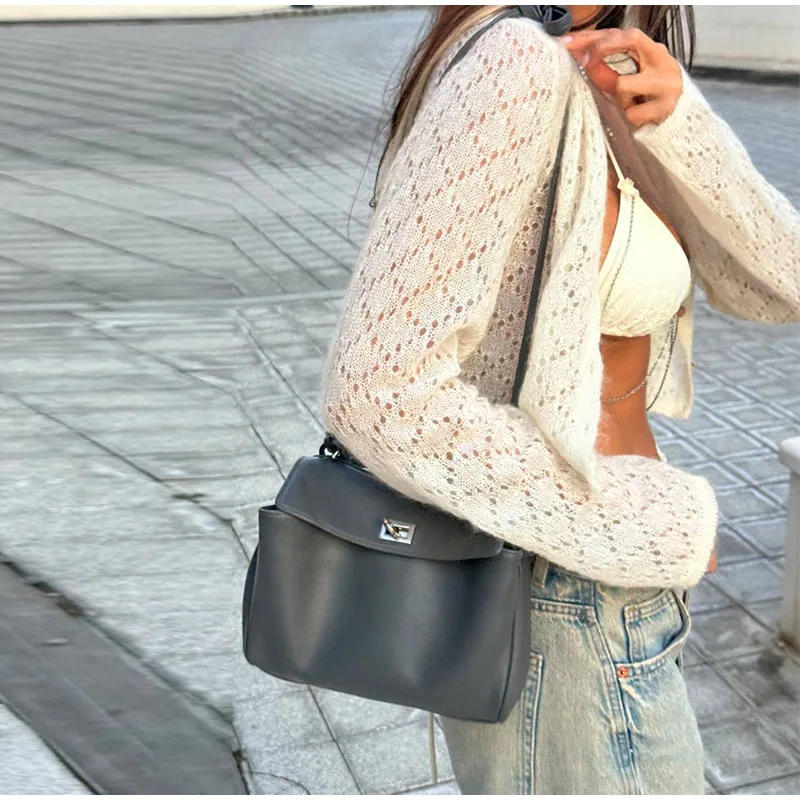 Description Picture 6 of itemHollow Out Knitted Cardigan Blouse Casual Women Long Sleeve Single Breasted O Neck Short Tops Fashion Lady Daily Streetwear