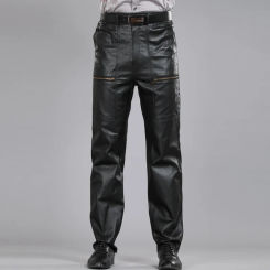Pantalones negros de cuero genuino para hombre, pantalón informal de motocicleta de talla grande, a la moda, de piel de oveja natural, para correr