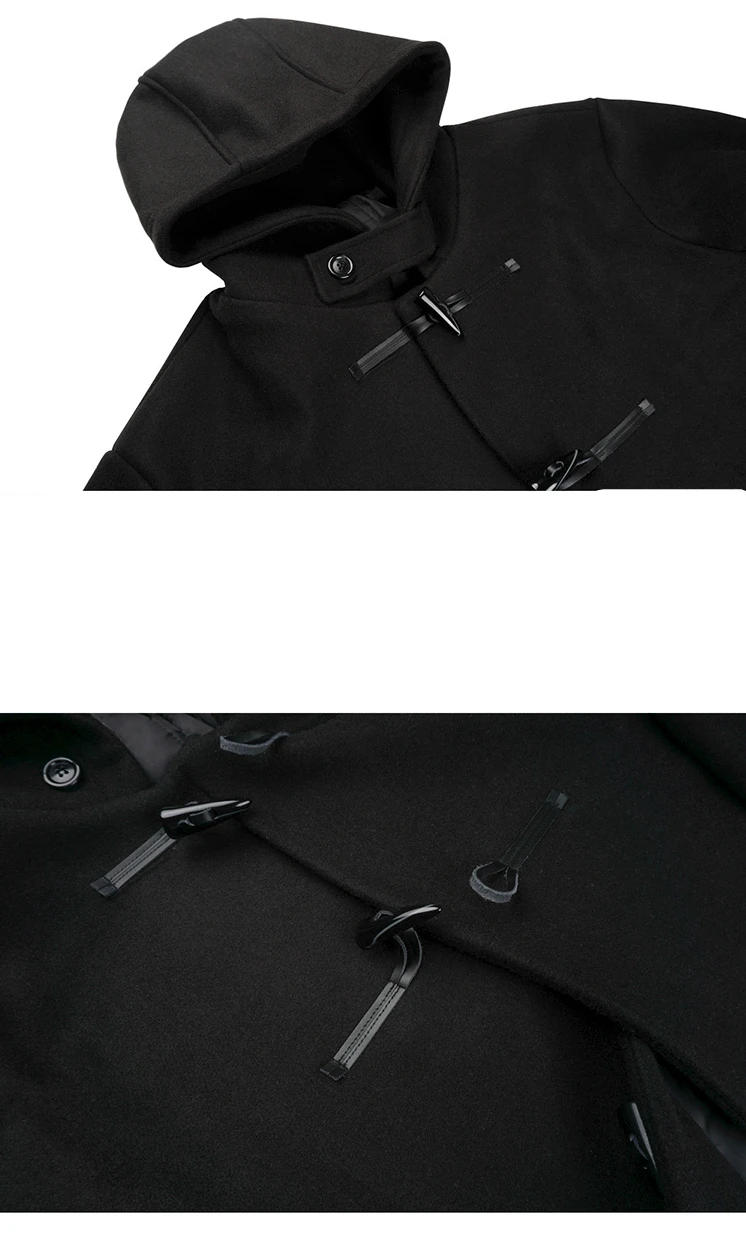 Description Picture 5 of itemMen's Hooded Horn Button Woolen Overcoat Korean Loose Windproof Long Lapel Trench Coats Male Solid Casual Daily Woolen Coat New