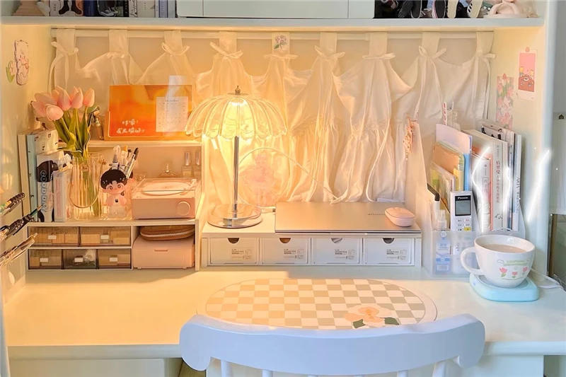 Description Picture 2 of item120*40 Korean Sweet Pleated Lace Short Curtains for Kitchen Solid Tab Top Half Curtains Bow Tie Window Valance Cotton Curtain