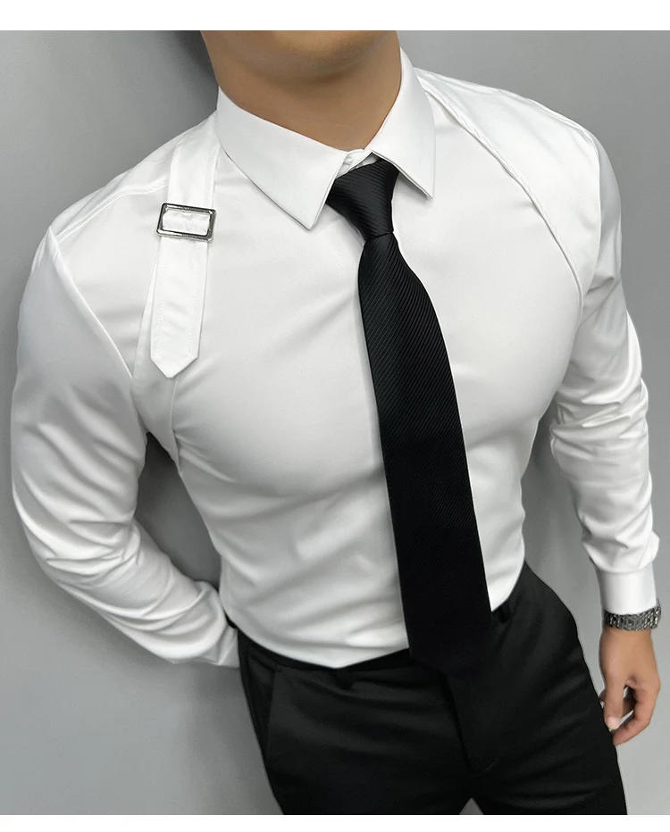 Description Picture 6 of item2024 Fashion Shoulder Strap Splicing Metal Button Design Shirts Men Social Tuxedo Dress Shirt Men Slim Fit Long Sleeve Shirt