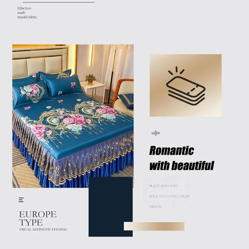 Description Picture 3 of item2/3 Pcs Bedding Classic Lace Royal Blue Bedspread Bed Skirt Machine Washable with Elastic Band for Queen King Size Sheets Bed