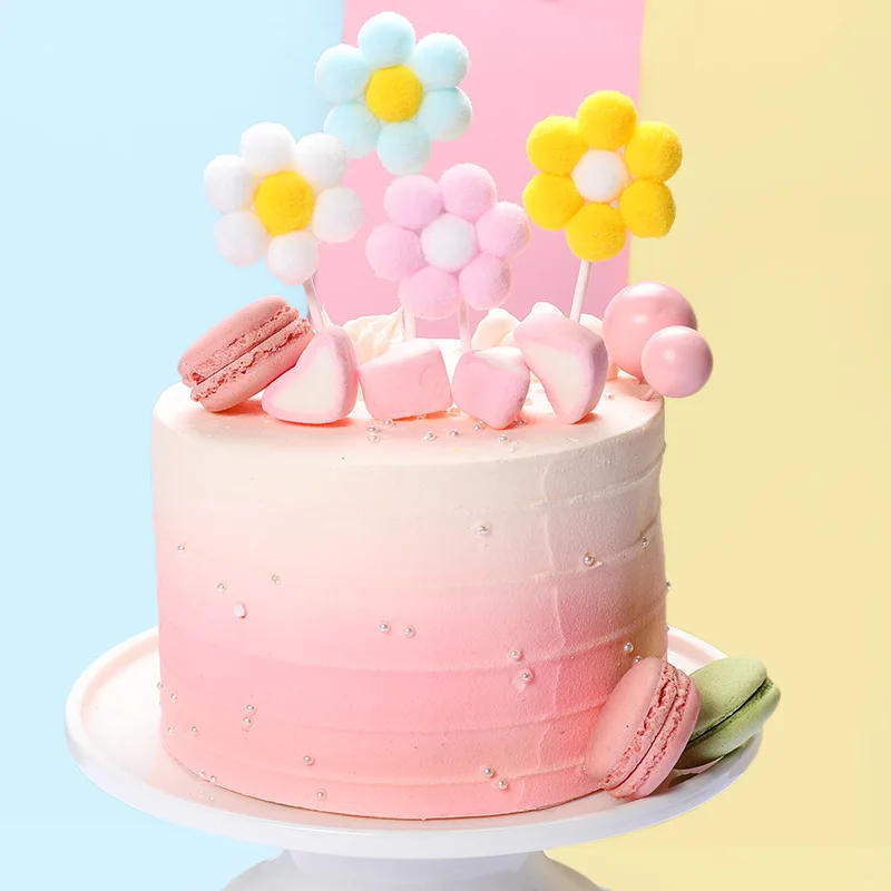 Description Picture 2 of item4pcs Colored Flowers Happy Birthday Cake Topper with wedding Cupcakes Dessert Decoration Baby Shower Hairball Baking Supplies