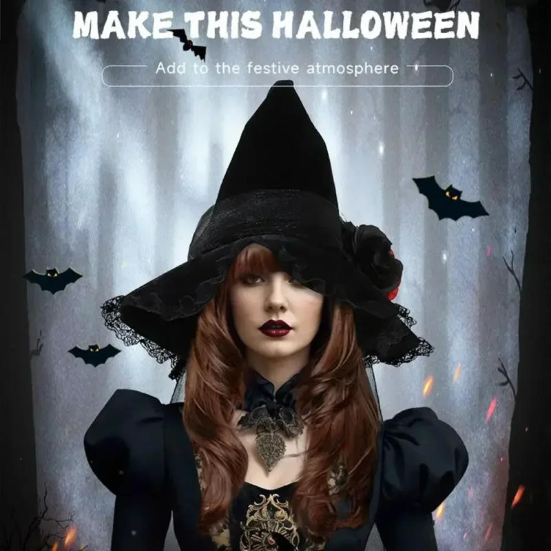Description Picture 5 of itemVelvet Cloth Halloween Witch Hats Punk Gothic Queen Flower Wizard Cap Baroque Party Decoration Cosplay Dress Up Supplies Adult