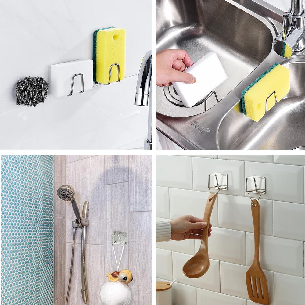 Description Picture 2 of itemKitchen Sponges Holder Stainless Steel Sink Sponges Drain Drying Rack Self Adhesive Storage Holder Wall Hooks Kitchen Organizer