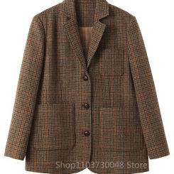 (Only Coat) Men's Suit Brown Plaid Woolen Blazer Prom Party Tuxedos Coat Single Breasted Three Buttons Bussiness/Wedding Jacket