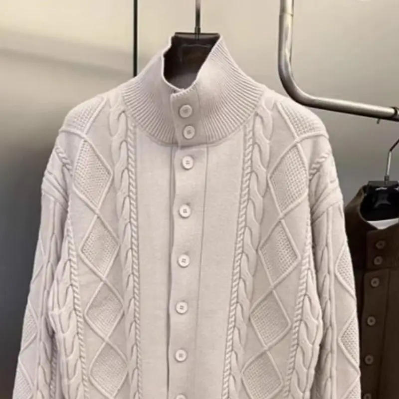 Description Picture 6 of itemAutumn Winter Twist Knitted Solid Color Cardigan Men's Loose Casual Stand Collar Sweater Jacket Solid Color Single-breasted Tops