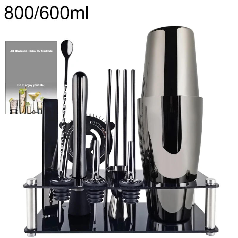 Description Picture 3 of item3 Colors Bar Tools Stainless Steel 800/600ML Black Rose Gold Cocktail Shakers Boston Cocktail Shaker Pourer Barware
