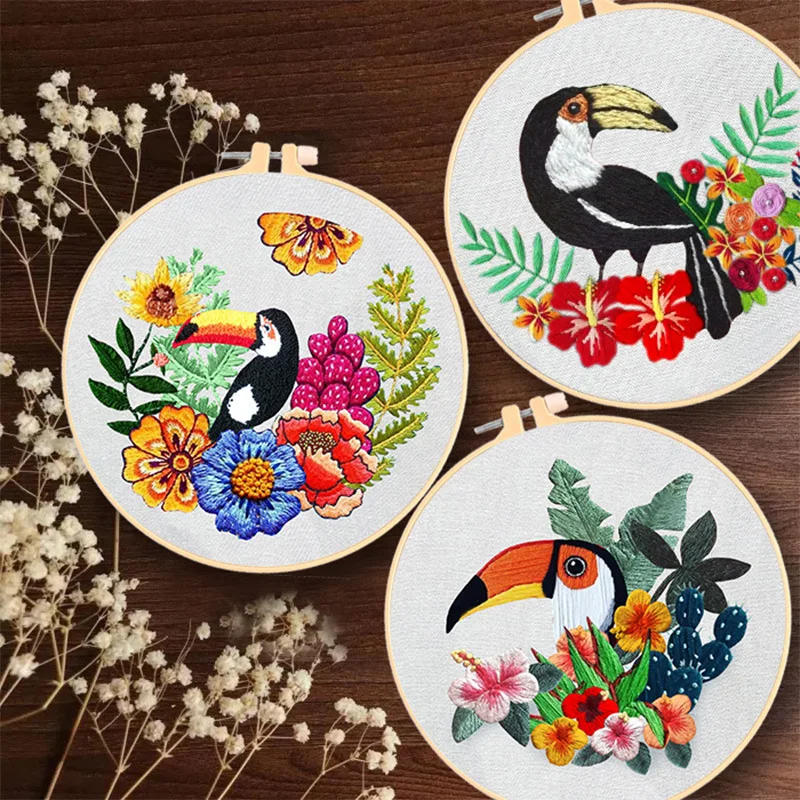Description Picture 2 of itemArt Craft Handy Sewing Set Parrot and Flower Cross Stitch Starter Kits DIY Embroidery Kits with Patterns Needles Threads