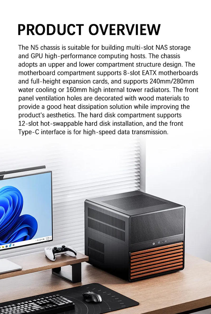 Description Picture 5 of itemJONSBO N5 NAS Case supports ITX/M-ATX/ATX/E-ATX motherboards ATX PSU Use North American walnut solid wood supports Water cooling
