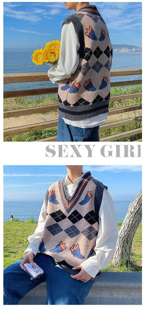 Description Picture 6 of itemJapanese Style V-neck Knitted Vests Couple Plaid Printed Loose Casual High Street Sleeveless Sweaters Men Tops Male Clothes