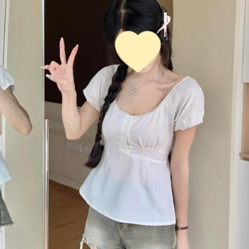 Description Picture 6 of itemShort Sleeved Female Low-necked Tops Shirt Commuting Bottoming Shirt Low-necked White Short T-shirts White Thin