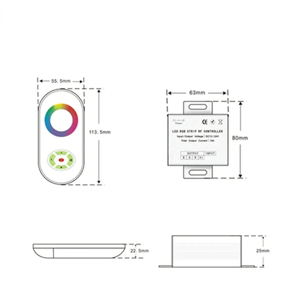 Description Picture 3 of itemHot DC12V-24V 18A RGB Controller Wireless RF Touch Panel Dimmer 5 Keys Remote Controle for 2835 3528 5050 RGB LED Strip Lights