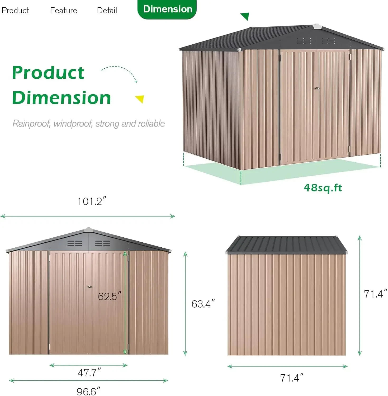 Description Picture 6 of item8' x 6' Metal Outdoor Storage Shed, Lockable Bike Shed,Garden Shed &Tool Shed for Backyard, Patio, Lawn,Brown