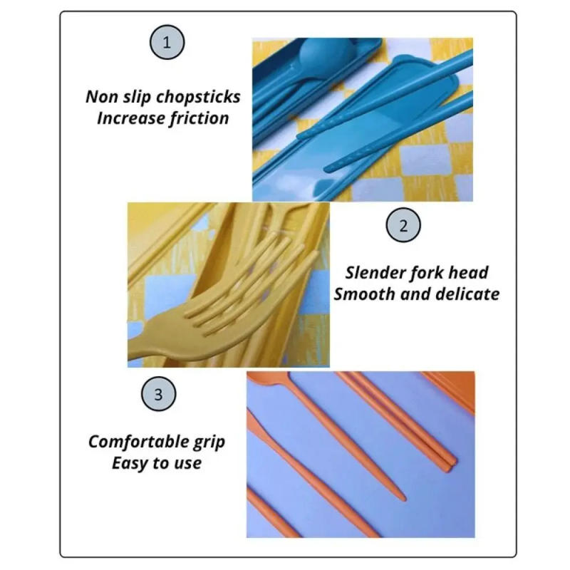 Description Picture 5 of item[Hot Sales] 4-Piece Portable Utensils, Healthy Eco-Friendly Wheat Straw Cutlery, Reusable Chopstick Fork Knife Spoon Set