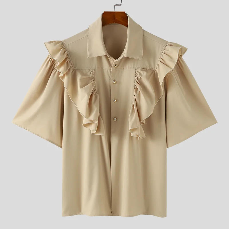 Description Picture 5 of item2024 Men's Shirt Lapel Short Sleeve Solid Color Ruffle Loose Casual Men Clothing Streetwear Summer Fashion Shirts S-2XL INCERUN