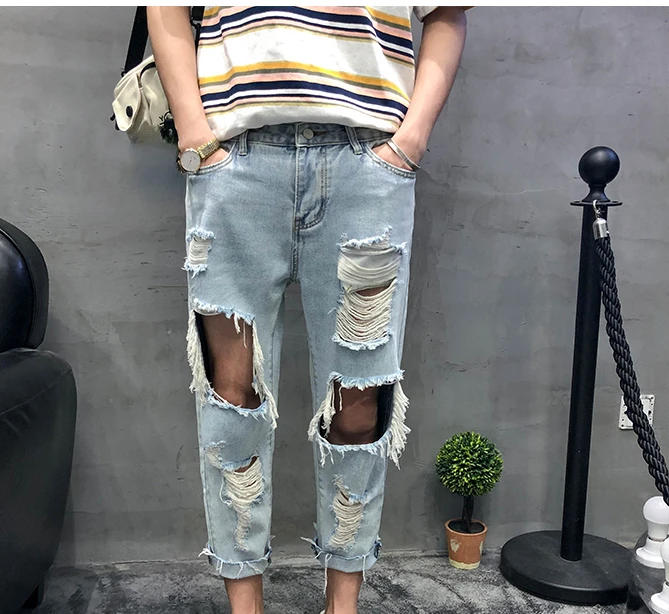 Description Picture 5 of itemSpring/Summer Men's Loose Hole Nine Point Jeans Fashion Beggar Straight Denim Pants