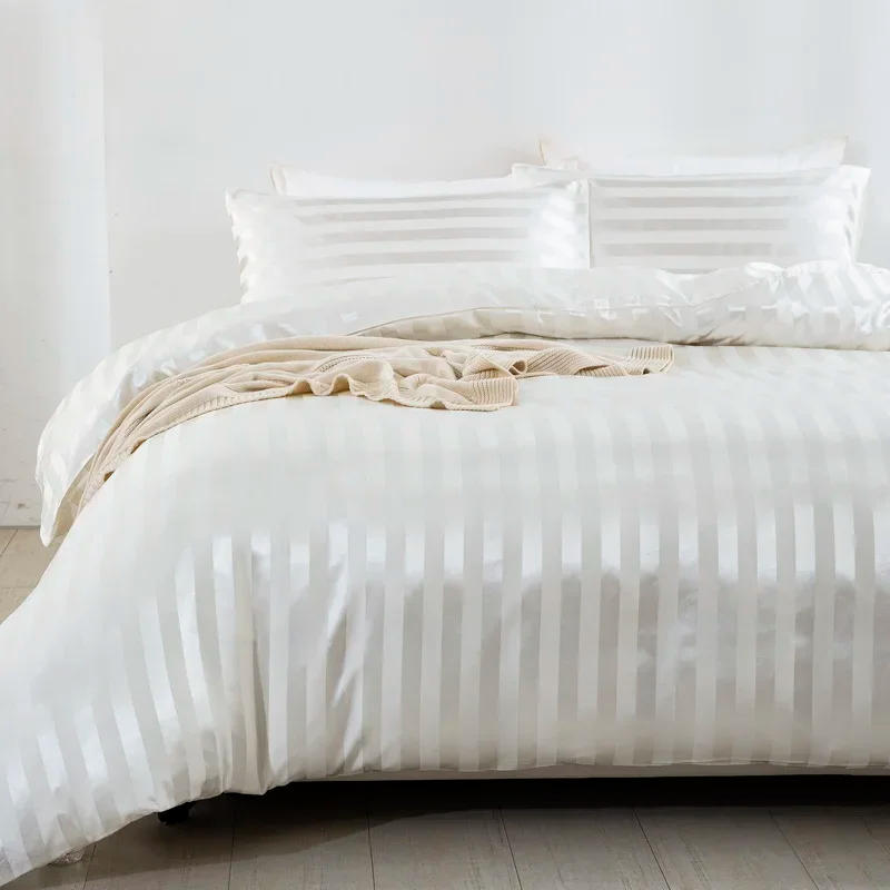 Description Picture 3 of itemSatin Striped Duvet Cover Twin/Full/Queen/King/Single/Double Size Set, Luxury Silky Like Khaki Stripe Duvet Cover Bedding Set