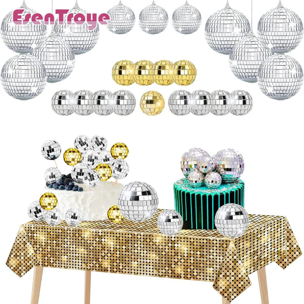 Description Picture 2 of item70s 80s 90s Disco Birthday Party Decoration Plastic Tablecloth Disco Mirror Ball Cake Topper Decoration Wedding Hanging Pendants