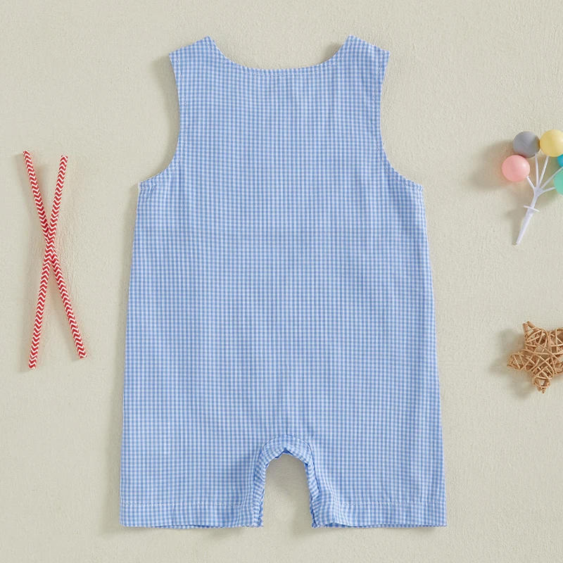 Description Picture 3 of itemBaby Boys Jumpsuit Sleeveless Plaid Embroidery Flag Overalls 4th of July Romper Clothes for Casual Daily