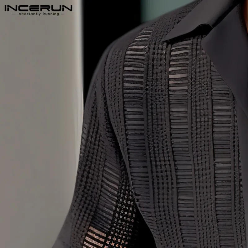 Description Picture 6 of item2024 INCERUN Tops Lapel Men Shirts Mesh See-through Shirt Tee Casual Streetwear Blouse  Short Sleeve Chemise Men Clothing