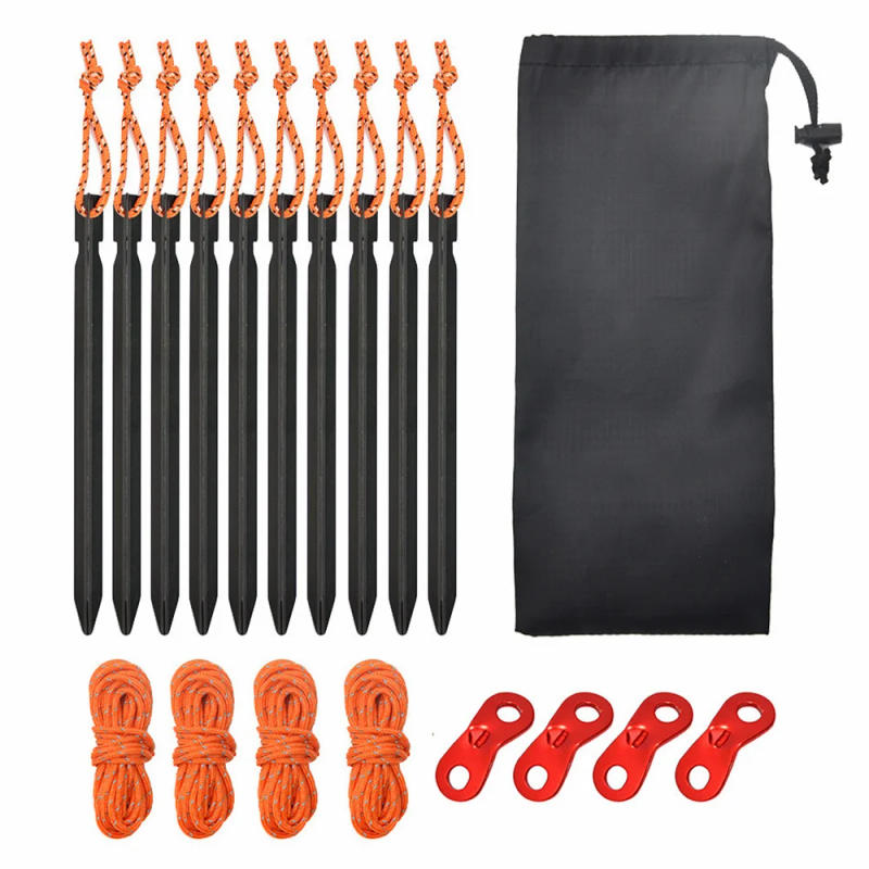 Description Picture 2 of item1 Set Aluminum Alloy Tent Pegs Nails Stakes Ropes Camping Hiking Tent Accessories Including Wind Rope Hammer Reflective Cord