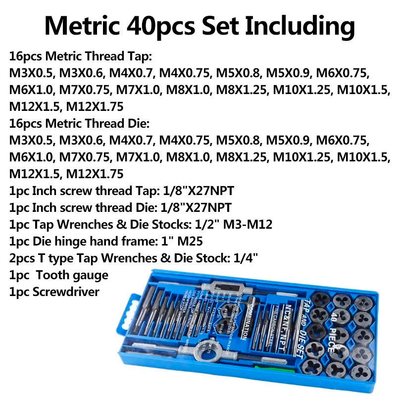 Description Picture 3 of itemHampton 40pcs Alloy Steel Imperial Thread Tap And Die Set For Metal Working Die Wrench Hand Threading Tools Screw Tap Drill Bit
