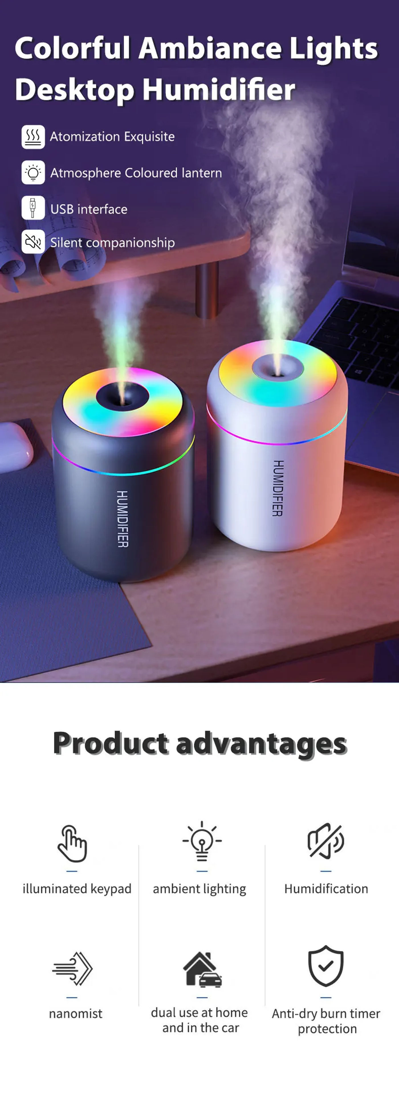 Description Picture 2 of item180ML Mini Air Humidifier USB Electric Aroma Diffuser Essential Oil Purifier Aromatherapy Mist Maker Lights For Car Home Bedroom