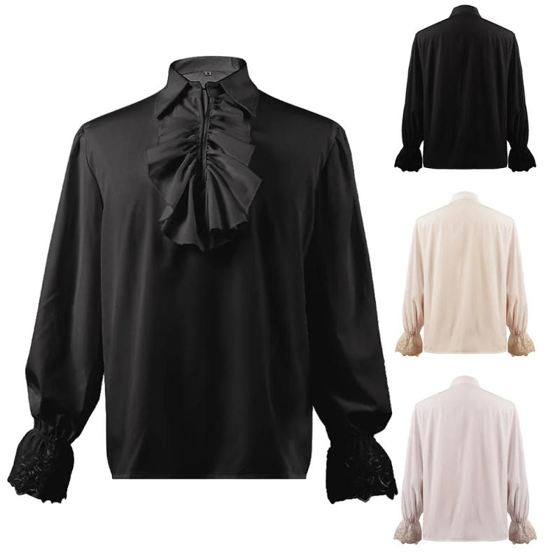 Description Picture 2 of itemMens Medieval Gothic Shirt Frill Victorian Punk Puff Sleeve Retro Tops Costume Frill Ruffle Dress Shirt Silk Cravat Shirt