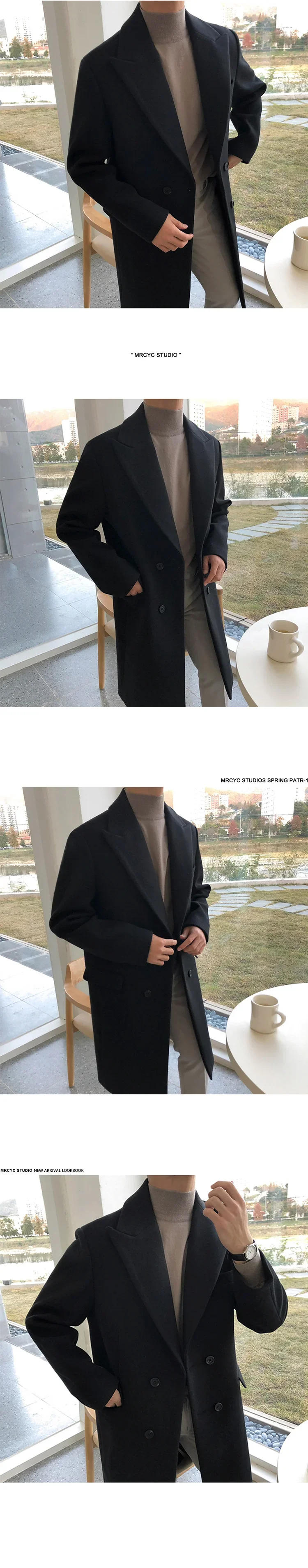 Description Picture 5 of itemMen's Autumn Winter Mid Length Woolen Coat New Korean Tide Black Thickned Overcoat Long Sleeve Double-breasted Jackets