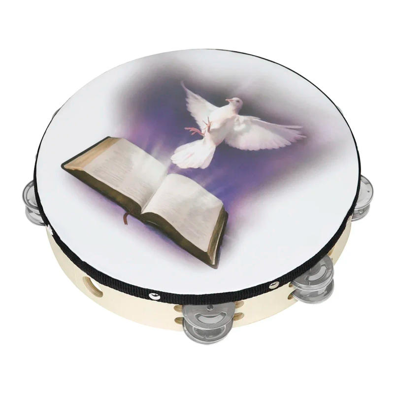 Description Picture 5 of item10 Inch Bible Peace Dove Tambourine Double Layered Hand Cranked Bell Drum Tambourine for Kids/Church/Wedding Musical Instrument