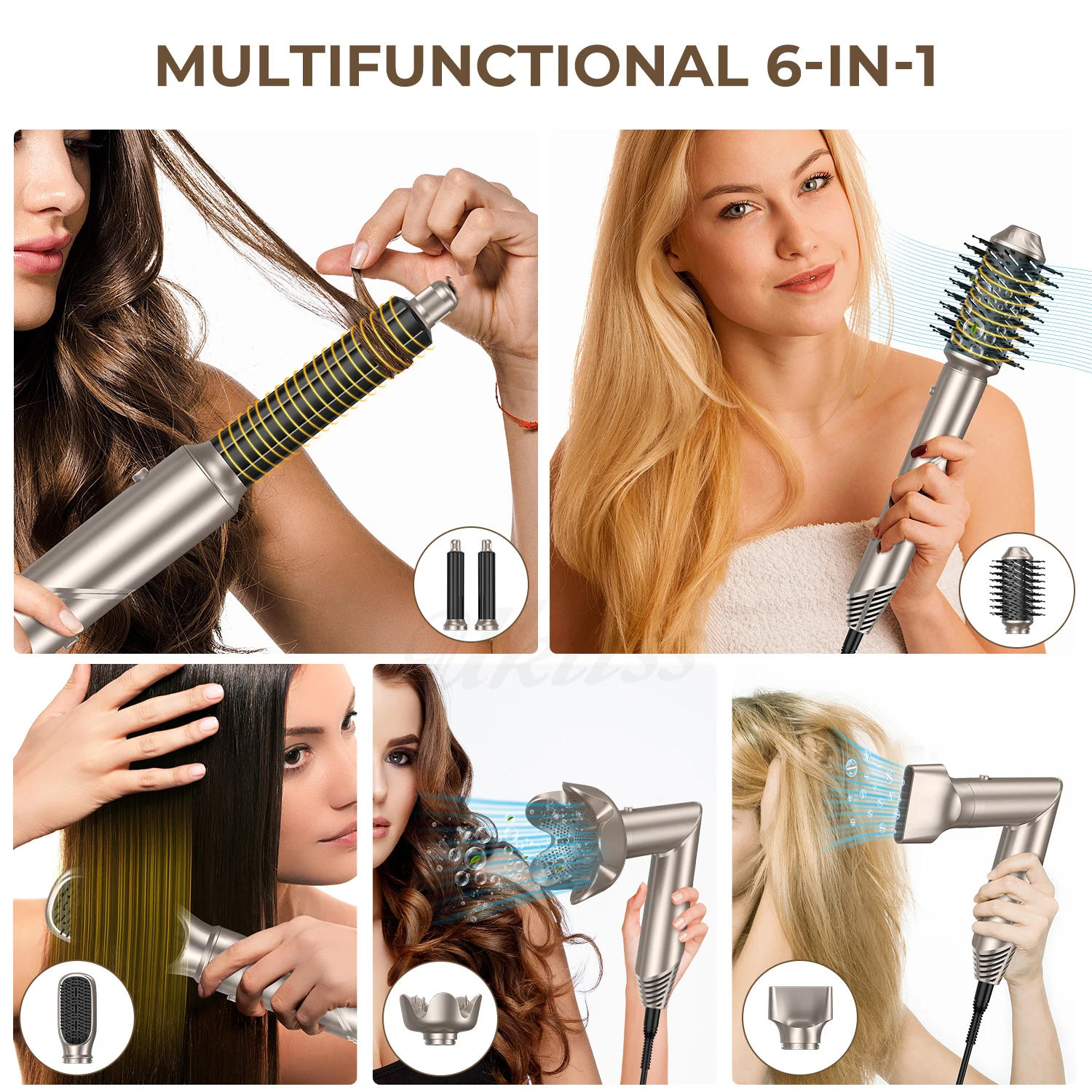 Description Picture 5 of item6 in 1 Hair Dryer Brush Negative Ions Hair Blower Brush Salon Blow Dryer Air Curler Wand Ceramic Curling Iron Styler Folding