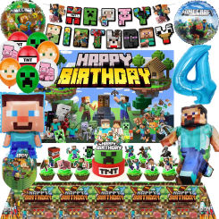 Miner Crafting Birthday Party Decoration Disposable Tableware Balloon Banner Backdrop Pixel Hero Game Minecraft Kids Party Decor