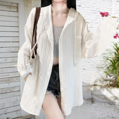 Sunblock Shirts Women Autumn Oversize Loose Solid Color Hooded Cardigan With Drawstring Female Stripe Texture Minimalist Blouse