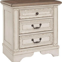 French Country 3 Drawer Nightstand with Electrical Outlets & USB Ports Chipped White TWO-TONE NIGHT STAND