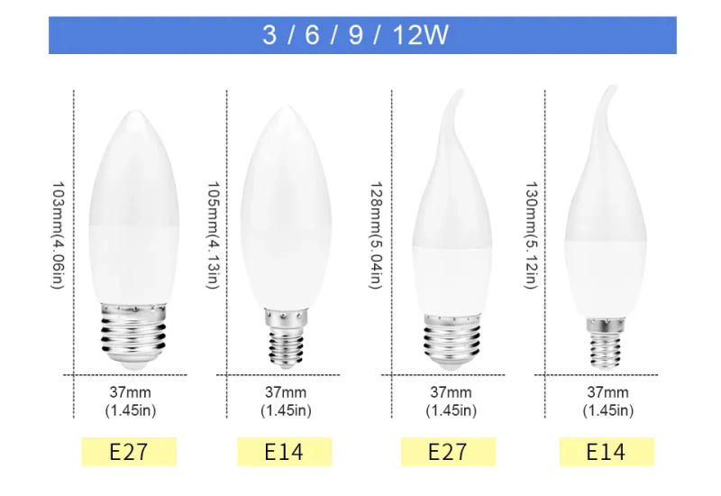 Description Picture 3 of item10pcs E27 E14 Led Bulb 220V Candle Bulb Energy Saving Lamp 3W 6W 9W 12W Led Chandelier Light Spotlight Led for Home Decoration