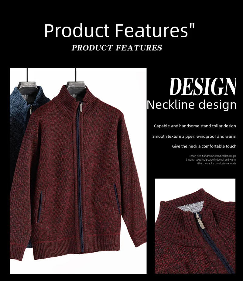 Description Picture 3 of itemAutumn/winter Knit Fleece-lined Thickened Cardigan Sweater For Middle-aged Elderly Men Medium-length Casual Pullovers