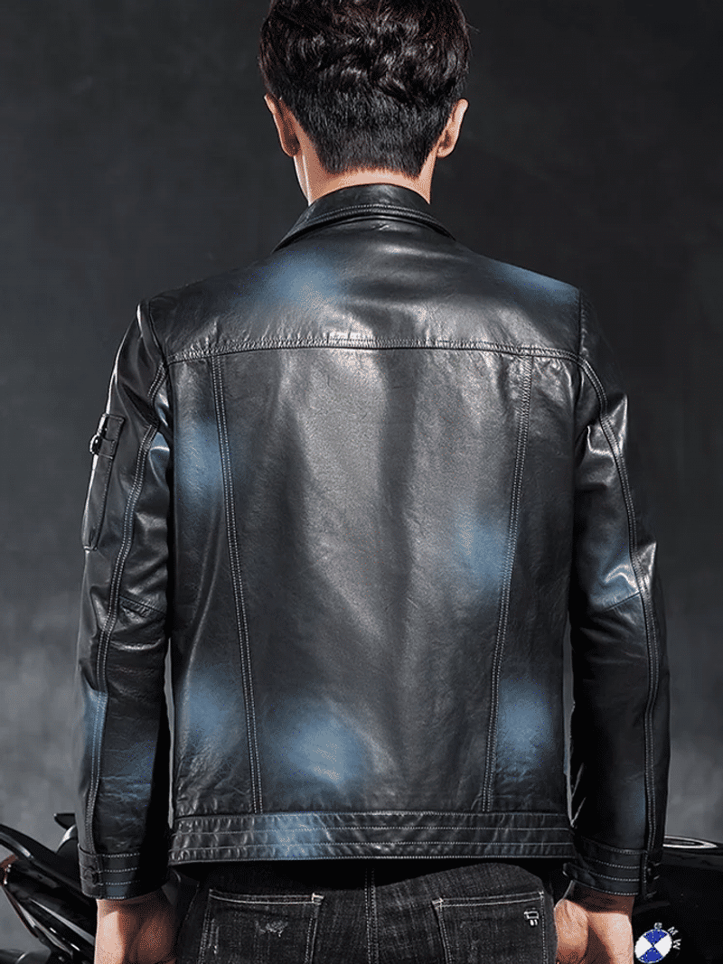 Description Picture 5 of itemLuxury Mens Double Colors Sheepskin Genuine Leather Jacket Pockets Slim Fit Motorcycle Windproof Coat Spring Fashion Outerwear