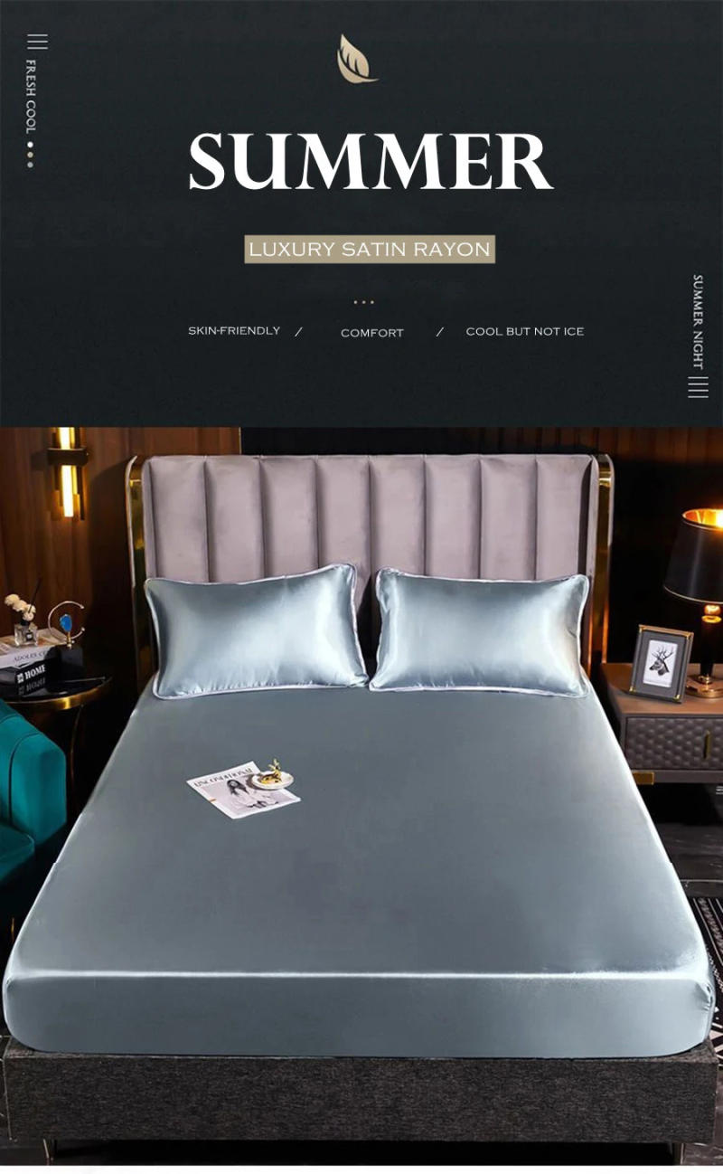 Description Picture 2 of itemWOSTAR Washable satin rayon fitted sheet elastic mattress cover summer bedspread single double bed linens 2 people bedsheet 150