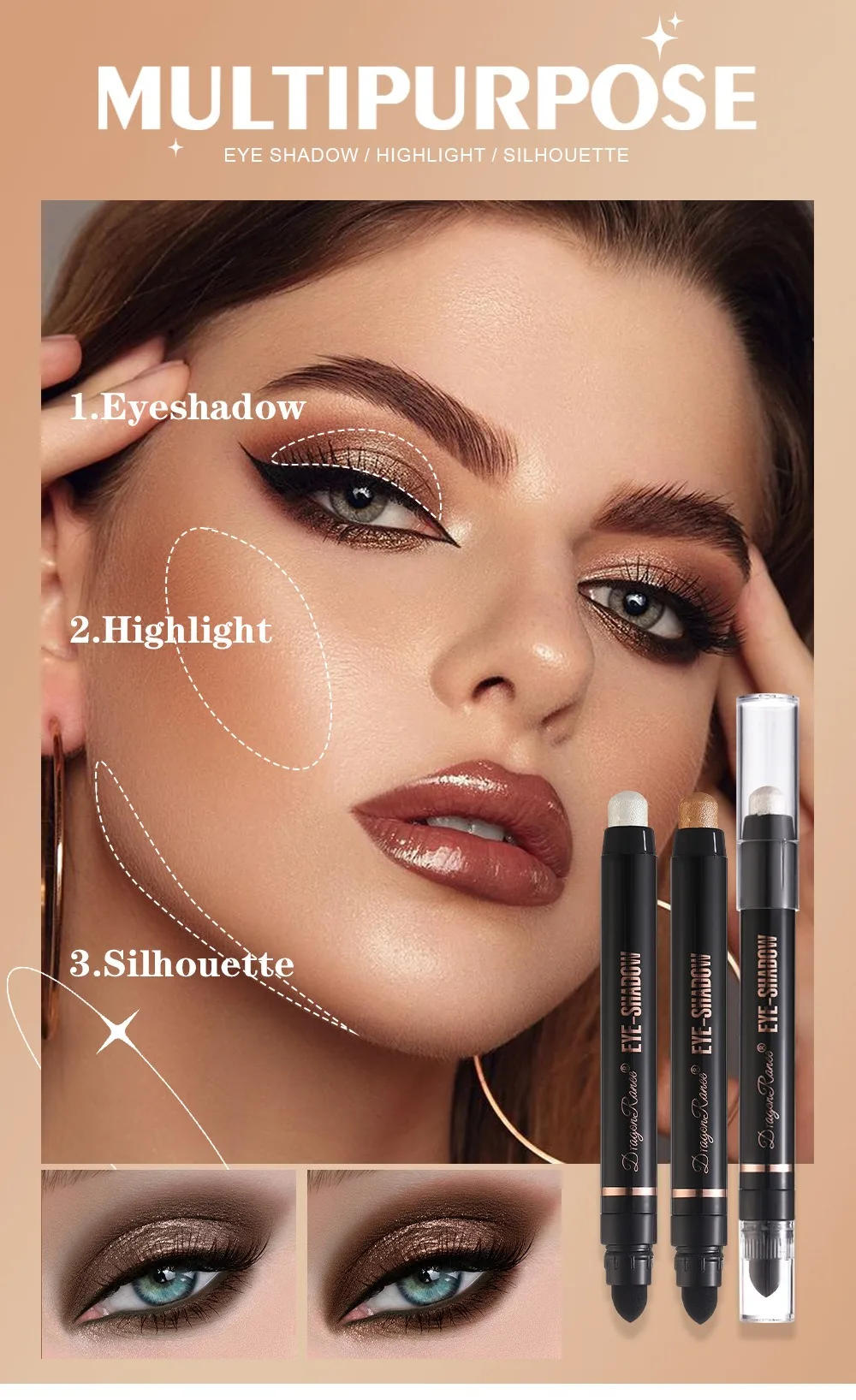 Description Picture 4 of itemNew Coloring Smoky Eyeshadow Sponge Brush Metallic Purple Dark Green Highlighter Pencil Waterproof Glitter Matte Eyeshadow Stick