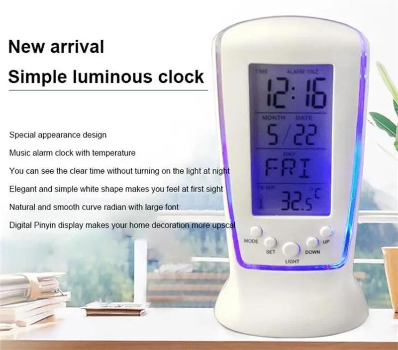 Description Picture 2 of item1Pcs White 510 Mini Small Alarm Clock Led Luminous Music Alarm Mute Lazy Electronic Clock with Temperature Alarm Clock