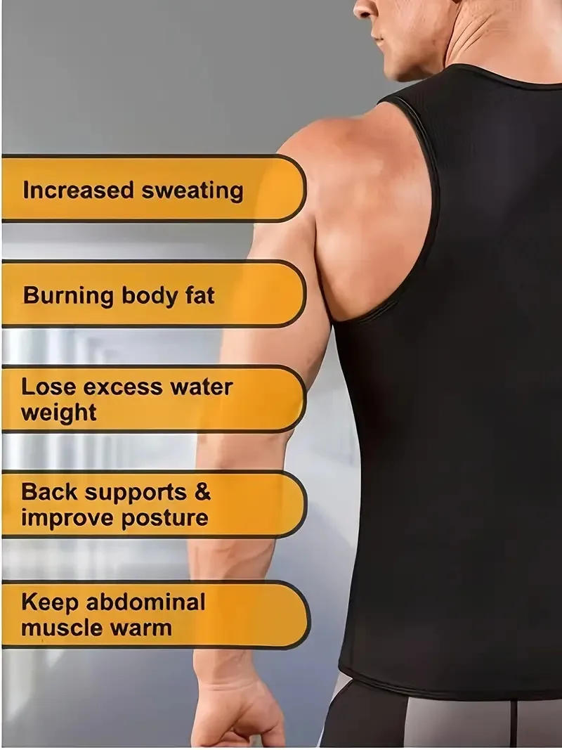 Description Picture 6 of item1 Piece Men's Compression Sweat Sauna Waist Trainer, Athletic Mid Stretch Zip Up Vest Body Shaper For Workout Fitness Gym
