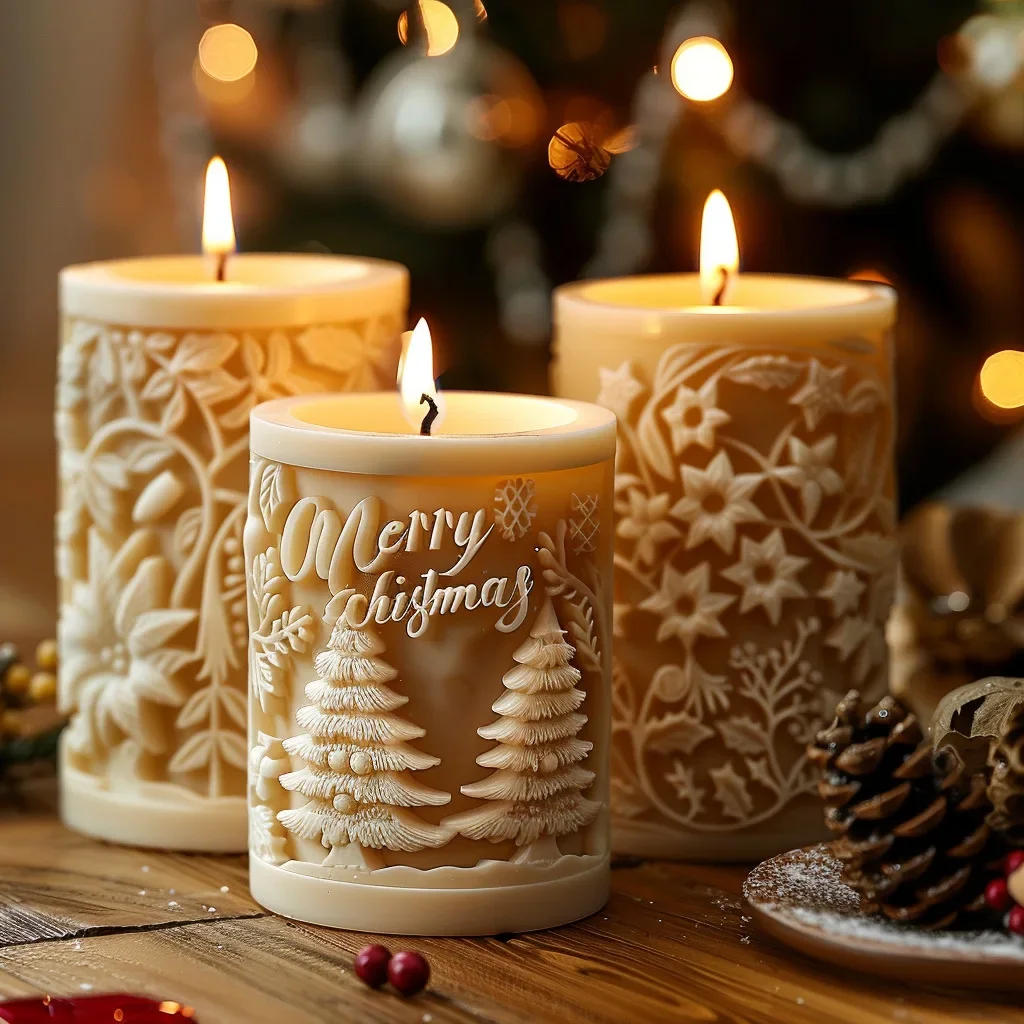 Description Picture 5 of itemChristmas Scented Candle Silicone Mold Christmas Letter Snowflake Candle Ornament Cylindrical Fragrance Candle Making Tools