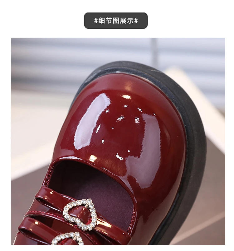 Description Picture 4 of itemChildren Leather Shoes for Spring Wine Red Black Elegant Girl's Mary Janes Chunky Hook-loop Beautiful Comfy Kids Shoe 26-36