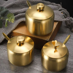 Gold Silver Sugar Bowl With Spoon Lid Stainless Steel Small Condiment Container Large Capacity Seasoning Pot Kitchen Spices Jar